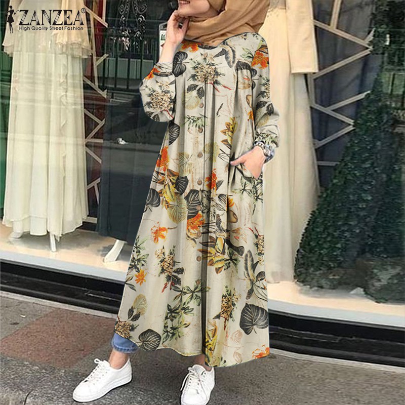 ZANZEA Women Button Down Front Vintage Long Sleeve Muslim Dress | Shopee  Singapore