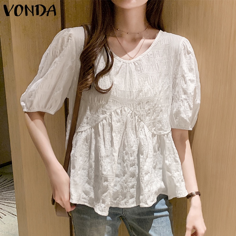 Vonda Women Korean Summer V Neck Short Sleeve Casual Baggy Pleated