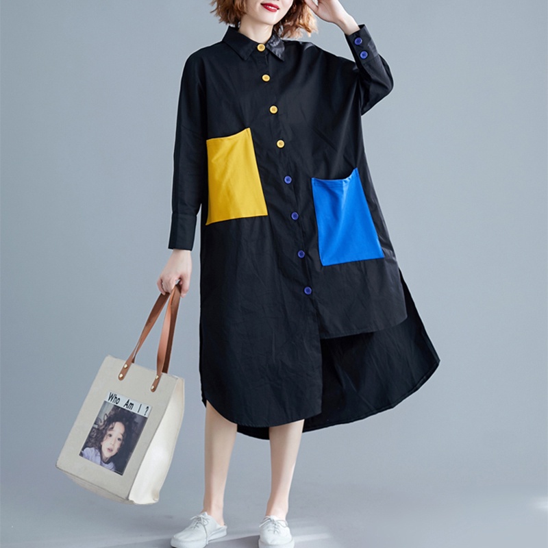Oladivi Plus Size Women Clothing 2023 Spring New Fashion Black Big Pockets Blouses Long Sleeve Casual Loose Tops Korean Style Lady Oversized Shirts PRE 9447 L XL XXL 3XL 4XL GT2020