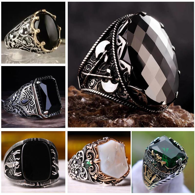 New Inlaid Emerald Men's Luxury Ring Personality Retro Domineering Personality Ring To Attend