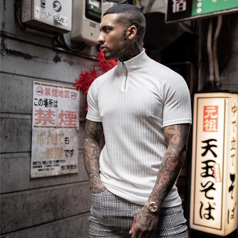 New Brand Fitness T-shirt Men Summer Man Knitted Tshirt Fashion Tops Streetwear Gym Clothing Zipper Stand Short Sleeve Tee Shirt