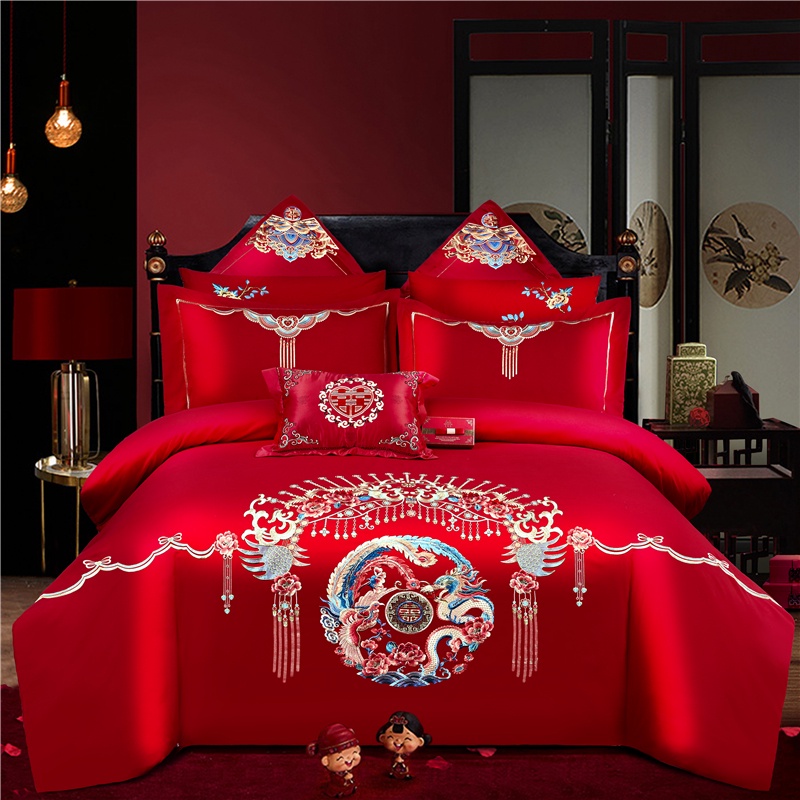 4 IN 1 Chinese Wedding Bed Sheet Sets Embroidery Red Bedding Set Queen