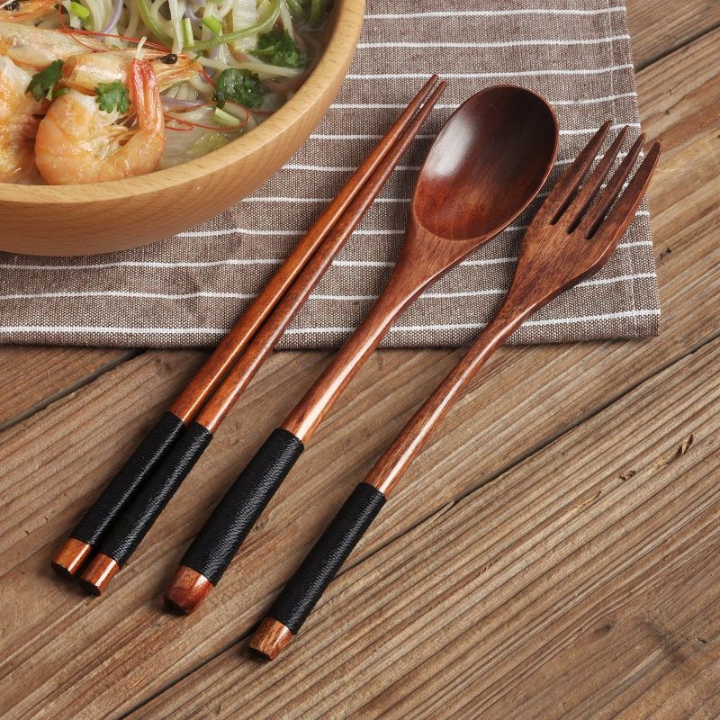 Korean wooden tableware fork spoon chopsticks 3piece set solid wood