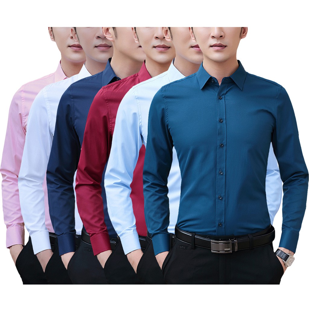 [M~8XL] Black Shirt Men Long Sleeve Formal Shirts Plus Size Korean Slim Fit Plain Top Clothing GK SHOP