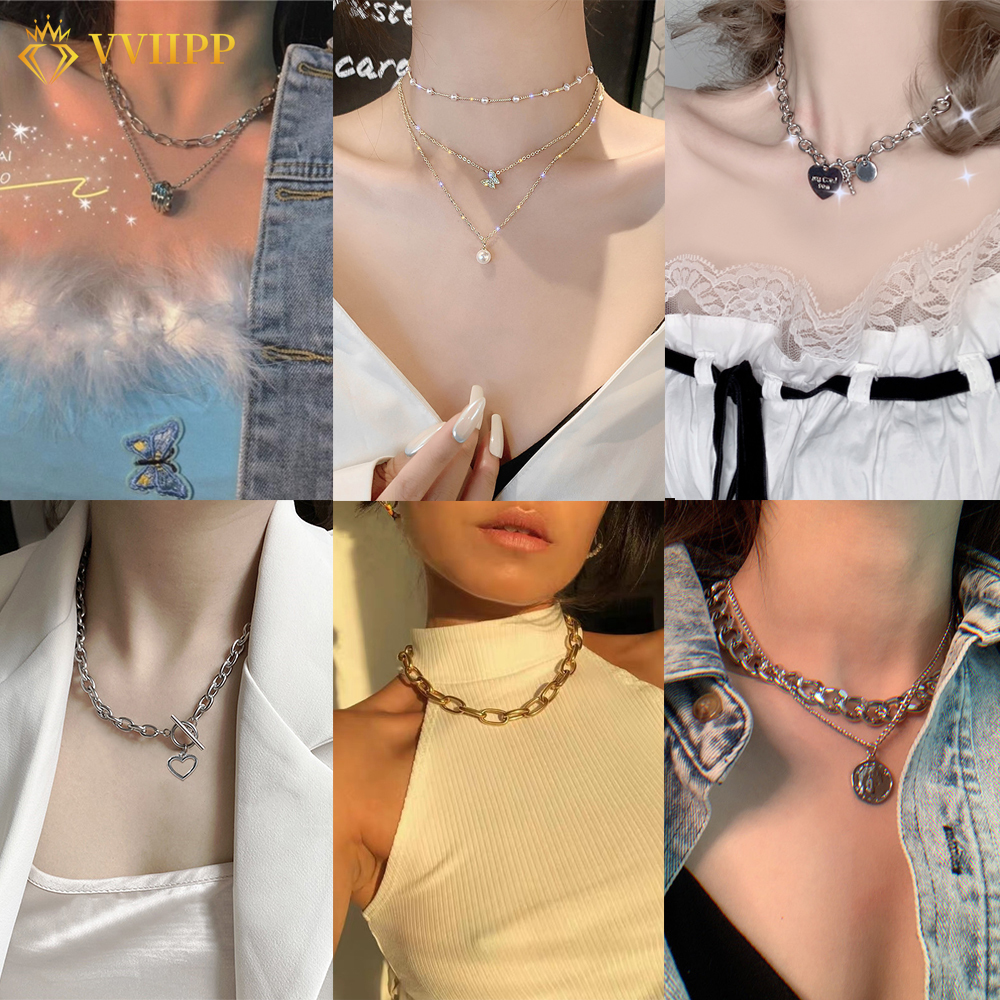 Korean Ins Sliver Pendant Necklace Fashion Chain Choker Necklaces Women Jewelry Accessories