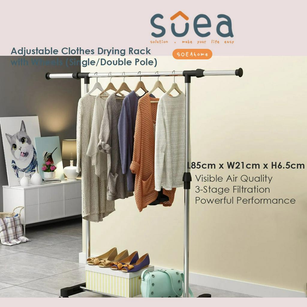 Single & Double Pole Adjustable Laundry Clothes Drying Rack Stand ...