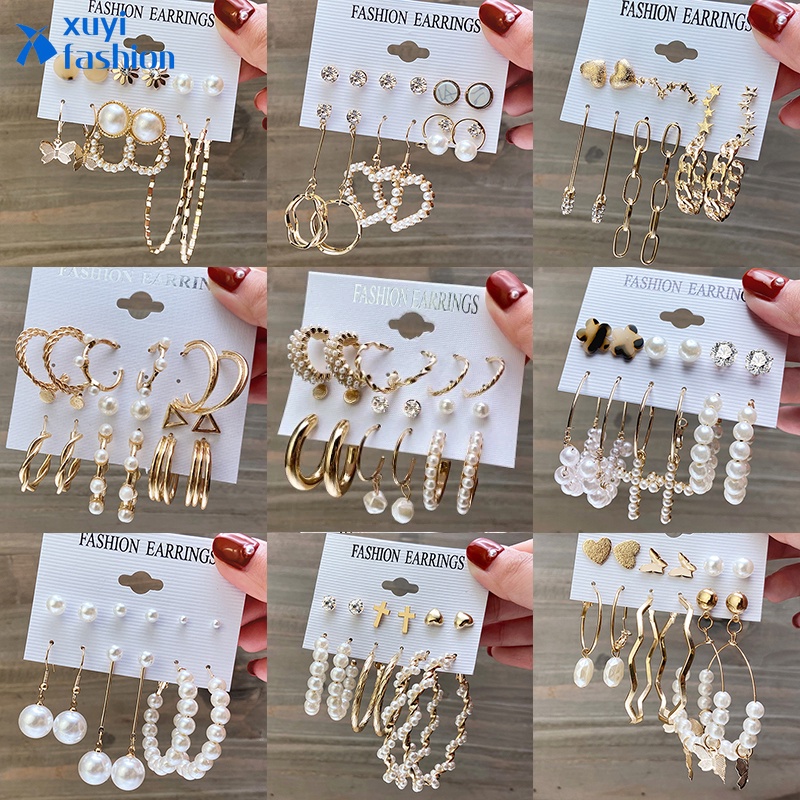 12pcs/set Retro Pearl Butterfly Earring Set Gold Earrings Stud Circle Earing Women Jewelry Accessories