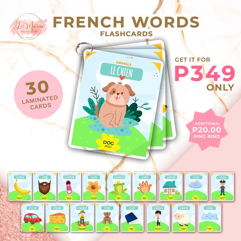 Random French Words Flashcards Laminated Educational Flashcards French 