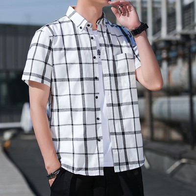 New Short-Sleeve Floral Shirt Korean Casual Shirt Cotton Plaid ...