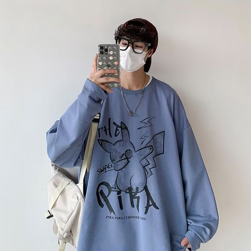 Autumn Korean Streetwear Style Pikachu Printing Casual Fashion Korean Oversized Shirt For Man Black White Long Tshirt Men's Street Style Tops Plus Size Unisex Clothing