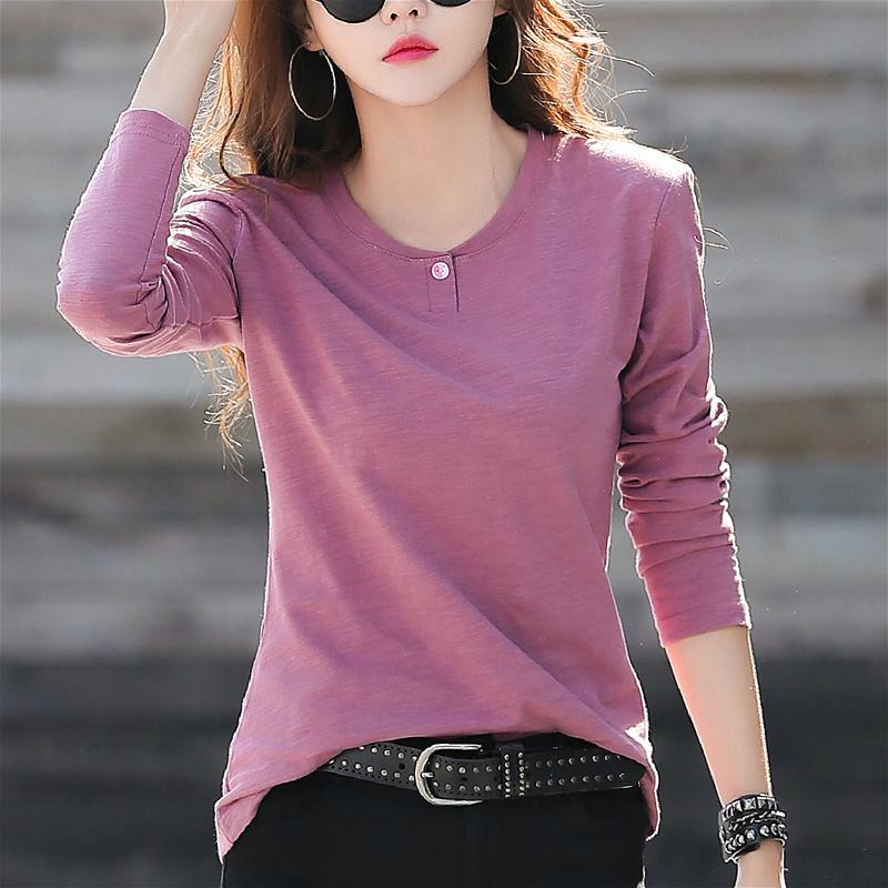 New Solid Color Long sleeved T shirt Ladies Loose and Versatile Round Neck Top