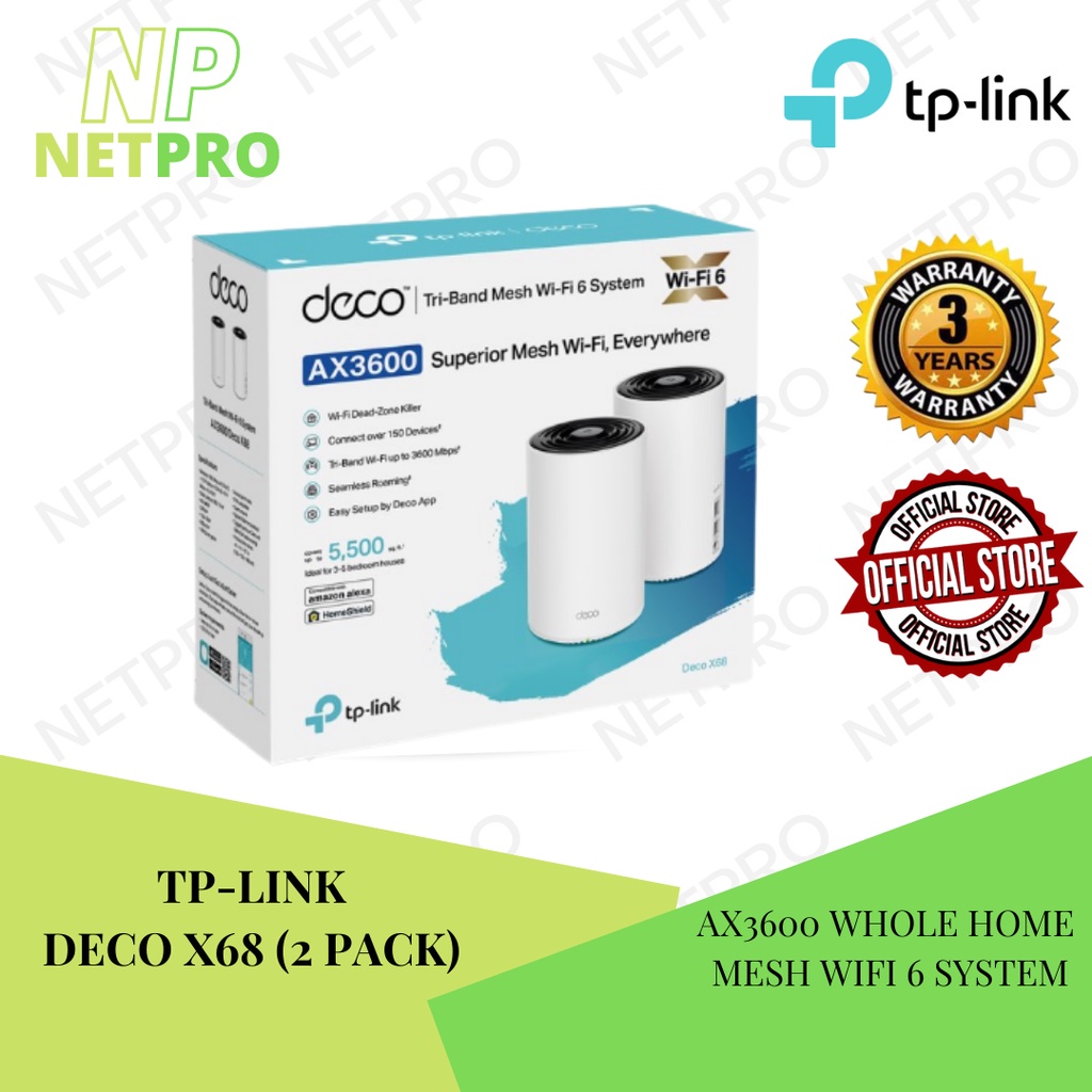 TP-LINK DECO X68 (2 PACK) AX3600 Whole Home Mesh WiFi 6 System