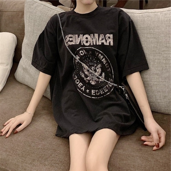 Summer New Short-sleeved T-shirt Female Korean Design Sense Girl Loose Mid-length Retro Print Student Shirt Women Loose Clothes Blouse Clothing Tops 个性印花韩版短袖T恤