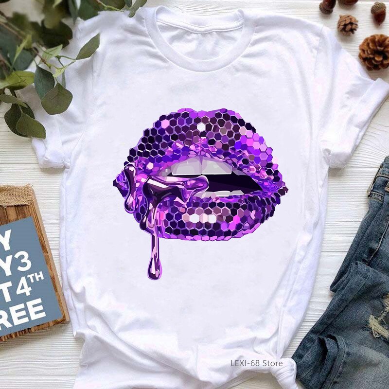 Pink Glitter Lips Graphic Print Tshirt Women'S Clothing Luxurious Makeup Vogue T Shirt Haut Femme Aesthetic Clothes T-Shirt