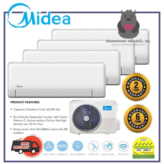 MIDEA System 4 AEP Inverter Aircon R32 Gas [MAE4M30E / MSEID09x3 + MSEID18] Builtin WiFi