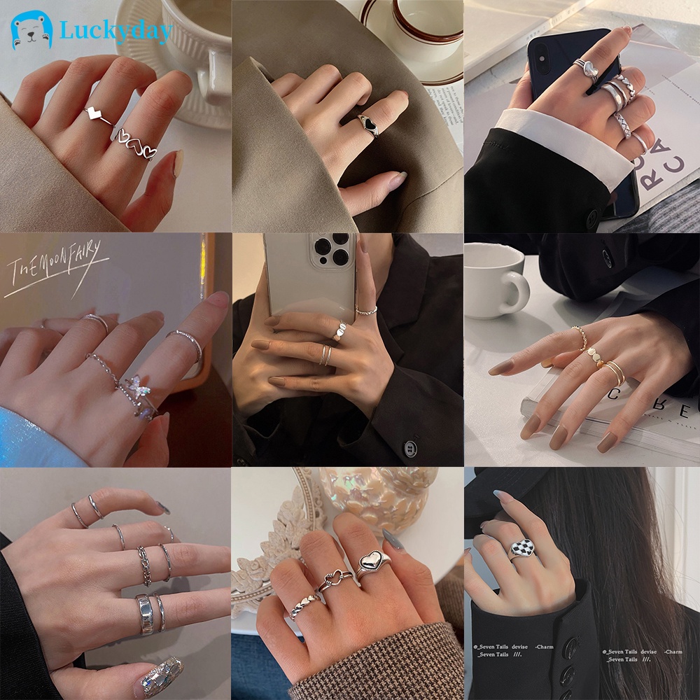 YEEZII Retro Pearl Ring Set Gold Silver Checkerboard Heart Butterfly Couple Ring for Women Accessories Jewelry