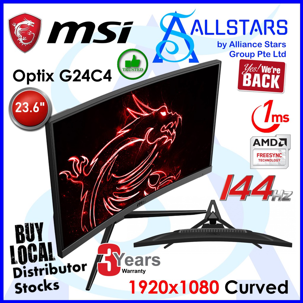 ALLSTARS ) MSI Optix G24C4 23.6 inch Curved Full HD Gaming Monitor / 144Hz  / 1ms / Adaptive Sync / DP+HDMI | Shopee Singapore