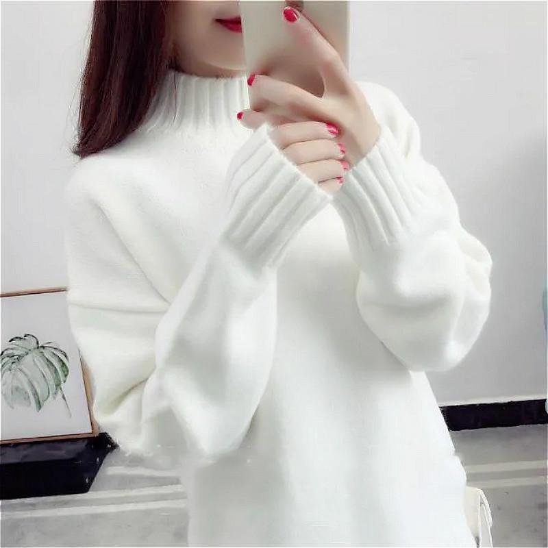 Half High Neck Women White Knitting Sweaters Korean Style Loose Short ...
