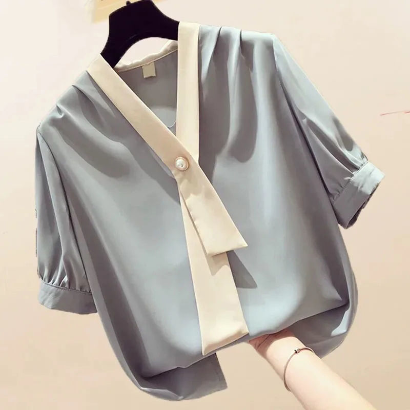 Blouse Women's Summer New Large Size Top Lady's V-neck Short Sleeve Shirt Fashion Loose Working Clothing