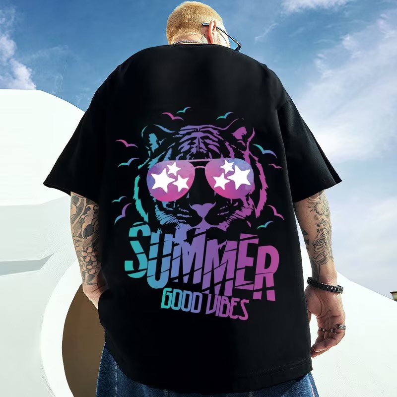 Summer Unisex Short Sleeve T Shirt Men's Round Oversized Shirt Trend Animal Design Printed T Shirt Oversized Top Plus Size Casual Clothing T Shirt Black White tee