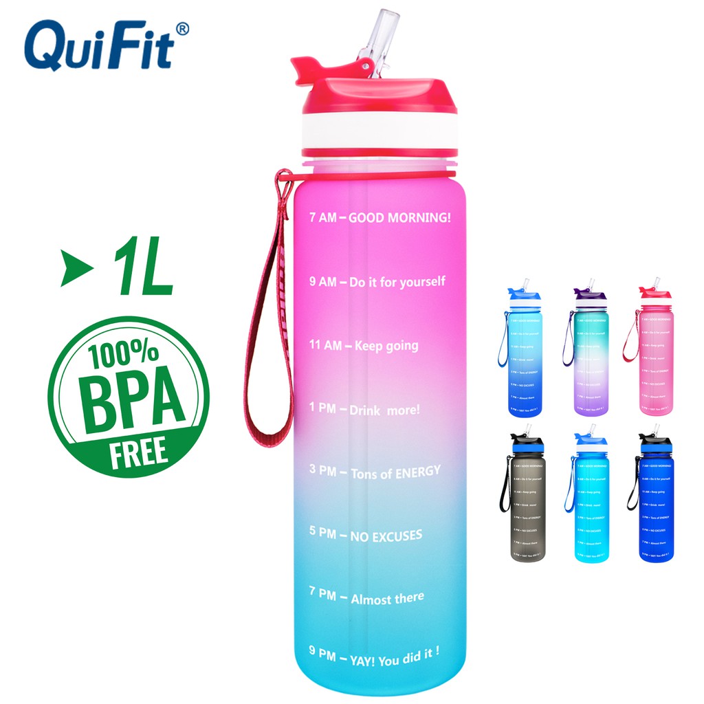 Quifit 1l Mid Mouth Tritan Water Bottle With Straw Time Marker Bpa Free 