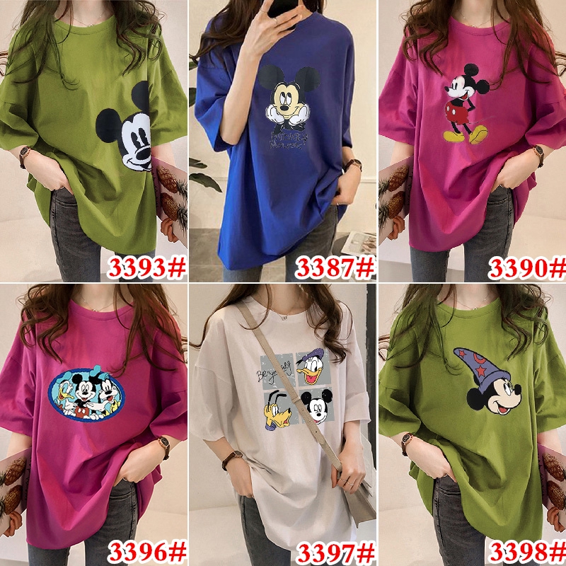 Ready Stock Women Clothing Korean Cartoon Blouse Mickey Printing Plus Size Loose Short Sleeve Mid-length T-shirt/ Tees Top