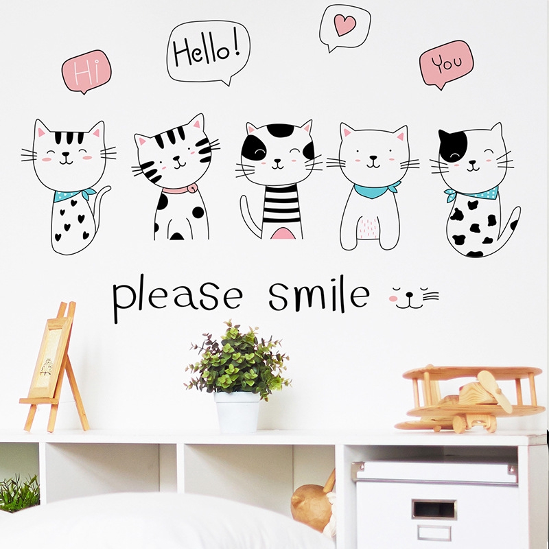 New Wall Stickers Cartoon Smile Cat Combination Kindergarten Children ...