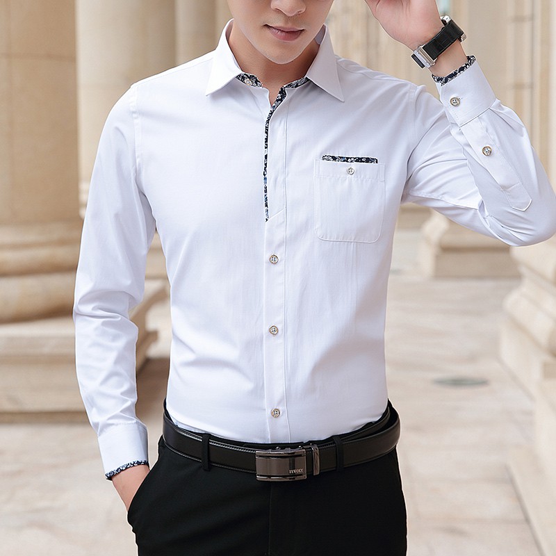 White Shirt Men Business Casual Slim Fit Top Blue Khaki Long Sleeve Formal Shirts Male Clothing M - 5 Xl
