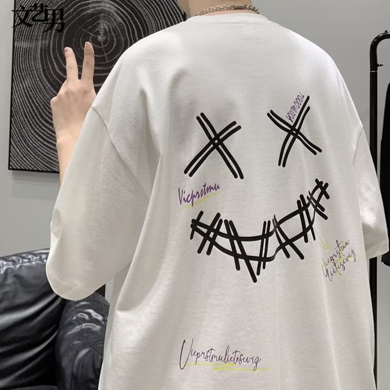 Summer Korean XX Smiley Design Printed Casual Oversized Shirts Men's Black White Short Sleeves T-Shirts Men's Street Style Tops Plus Size Unisex Clothing tee Men's Round Neck Short