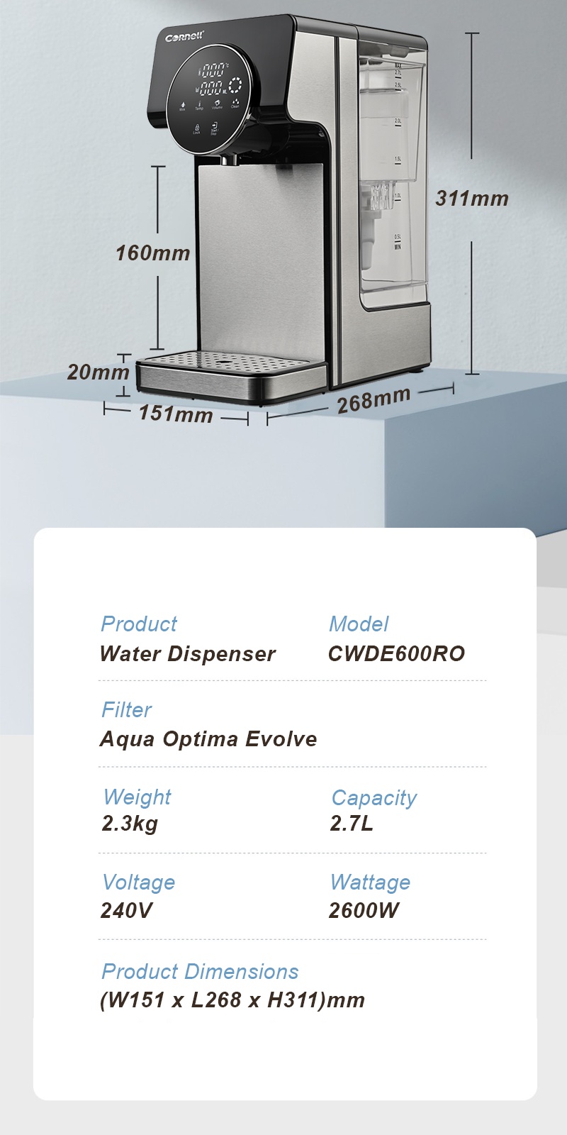 Cornell 2.7L Water Purifier Instant Boiling Water Dispenser with Aqua