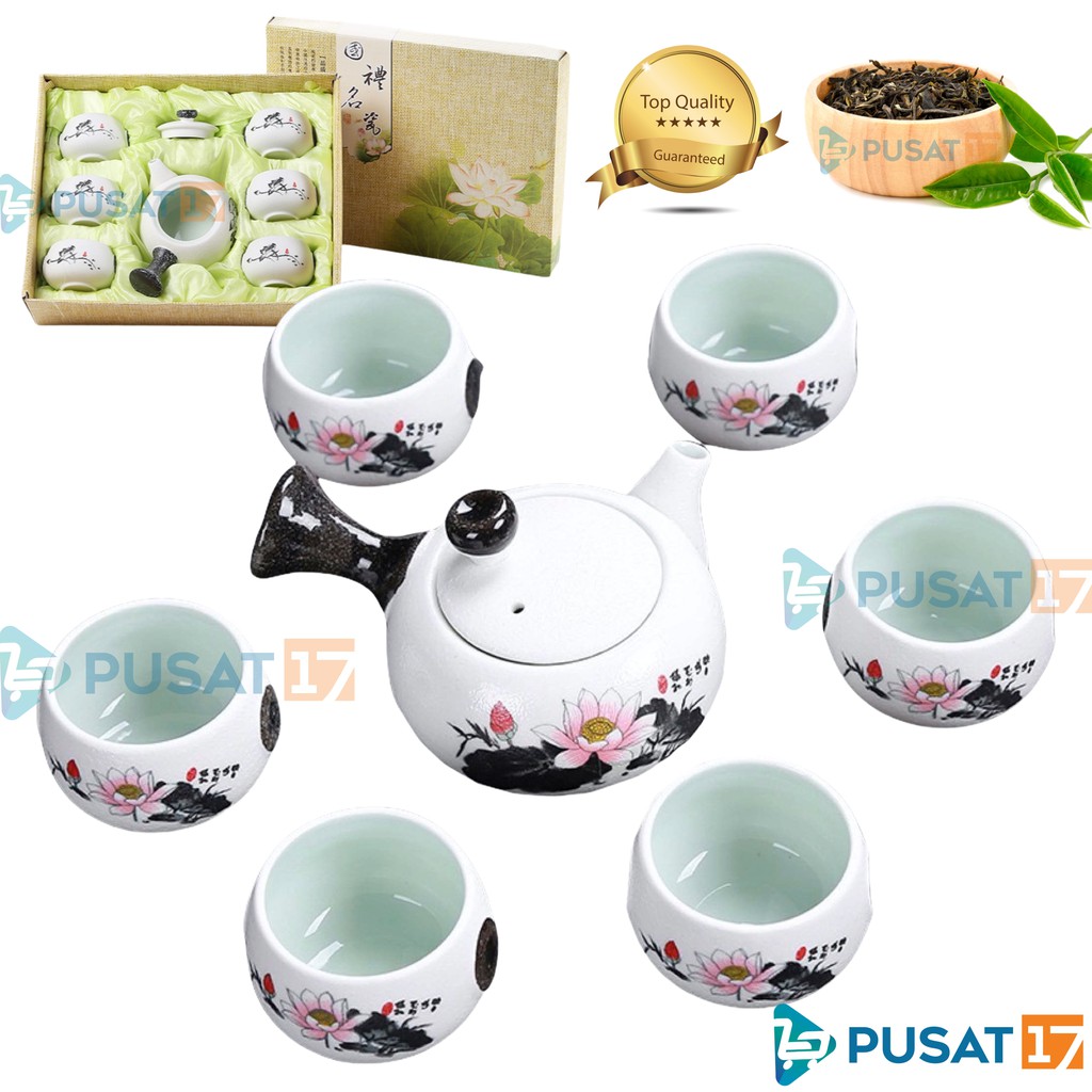CHINESE TEA POT SET CERAMIC C19 CLASSIC 6 CUPS TEKO TEH SET 6 CANGKIR HADIAH SOUVENIR GIFT BOX - Gambar 2