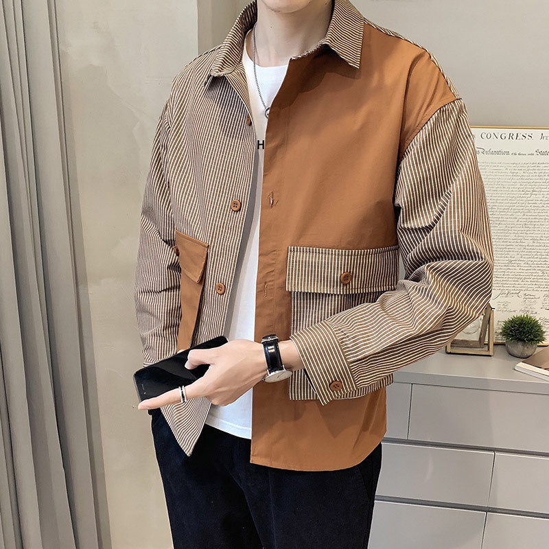 Long Sleeve Shirt Men's Autumn Clothing New Color-Blocking Spring and Autumn Shirt Large Pocket Casual Men's Outfit Tops Overalls