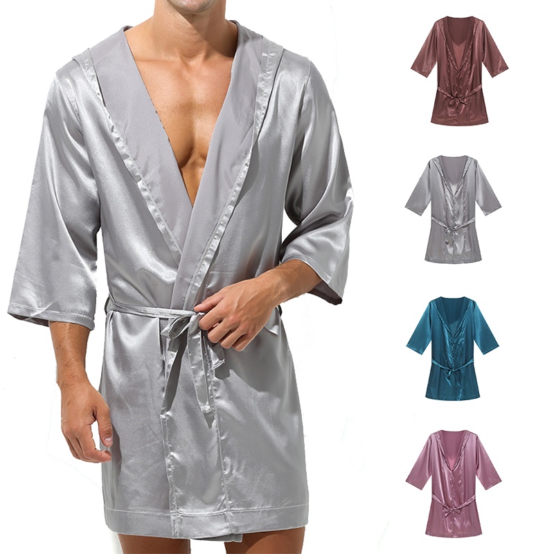 Men Bathrobes Summer Short Sleeve Homewear Silk Pajamas Mens Robes ...