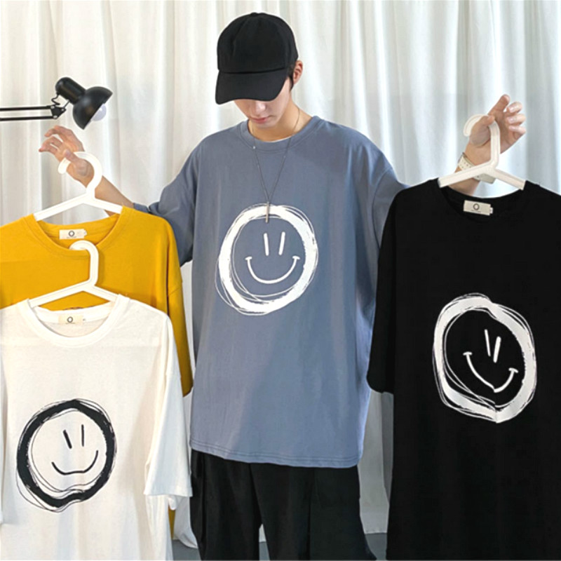 【M-5XL】Plus Size Korean Style Oversized Shirt Couple Smiley Short Sleeve Top Causal Loose Shirt for Men Harajuku Style Mens Tshirt Round Neck Half Sleeve Shirts Plus Size Clothing