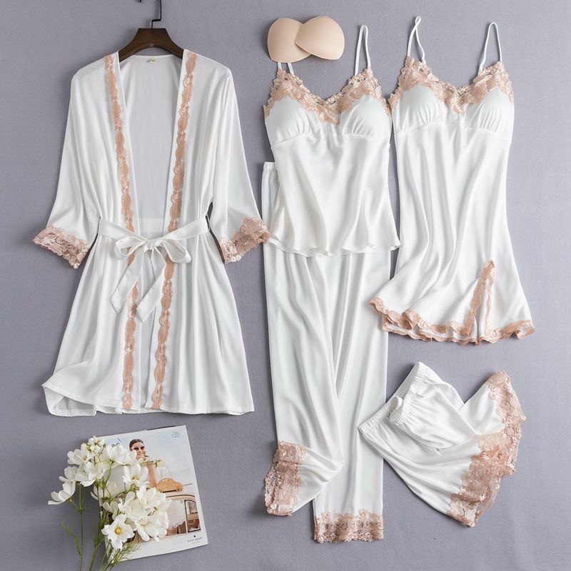 5Pcs Women's Sexy Silk Satin Pajamas Set Long Sleeve Lace Night