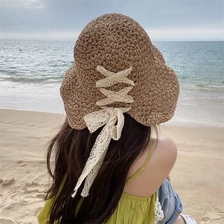 Hand-Woven Crochet Straw Hat Summer Hollow Bow Tie Folding Seaside