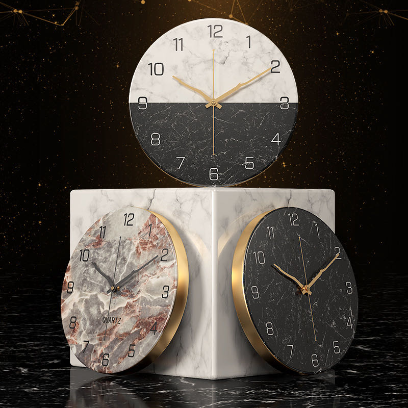12 Inch Round Quartz Stylish Marble Wall Clock Non Ticking for Home Battery Operated.