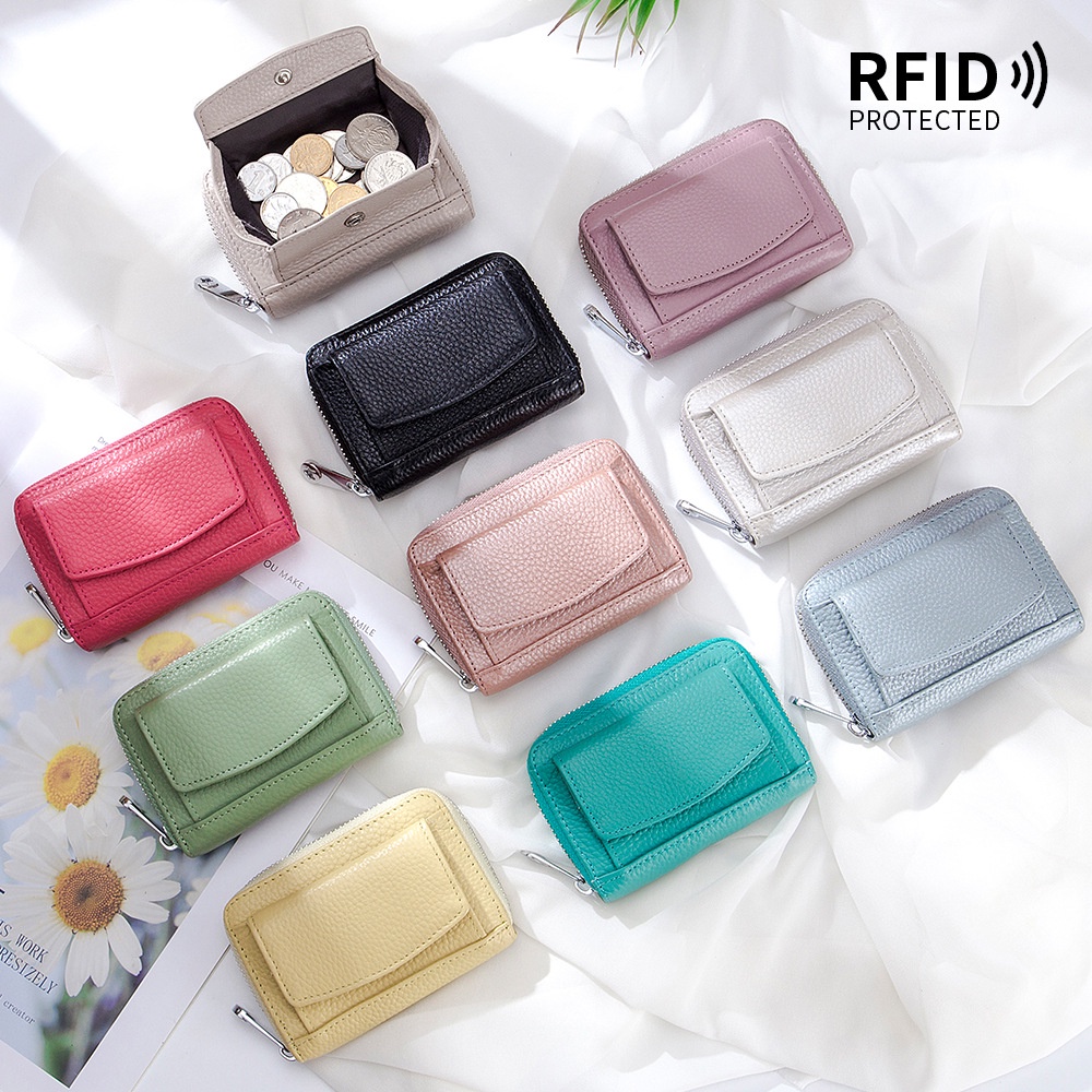 GENODERN RFID Genuine Leather Women's Card Holder with Coin Pocket New Mini MultiCard Slot