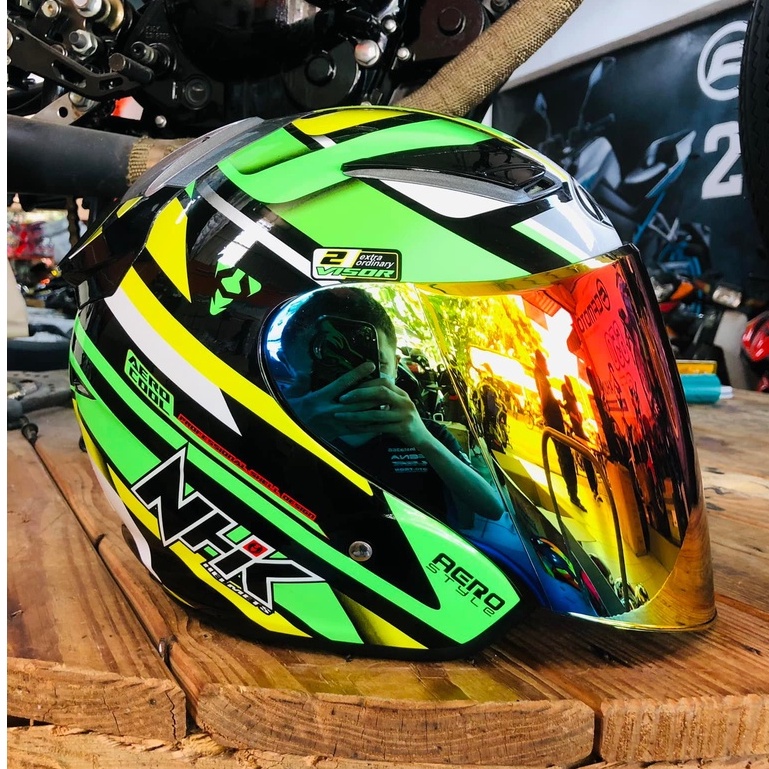 NHK R1 Aerostyle Glossy Green Double Visor Open Faced Helmet | Shopee ...