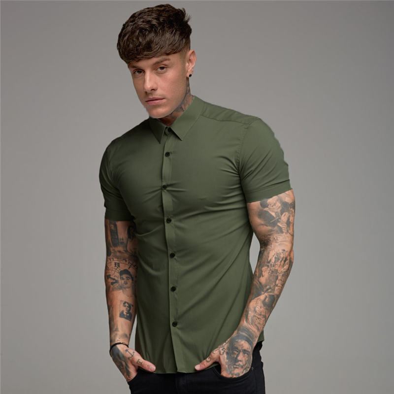 New Summer Men Fashion Short Sleeve Solid Shirt Slim Fit Male Social Business Dress Shirt Brand Mens Gym Fitness Sports Clothing