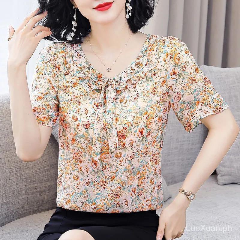 Women short Sleeve Shirts Thin Casual Fashion Loose Shirt Tops Womens plus size Blouse Short Sleeve Chiffon Shirt Women's Clothing2021New Style Clothing Fashionable Women's Belly-Covering Western Styl