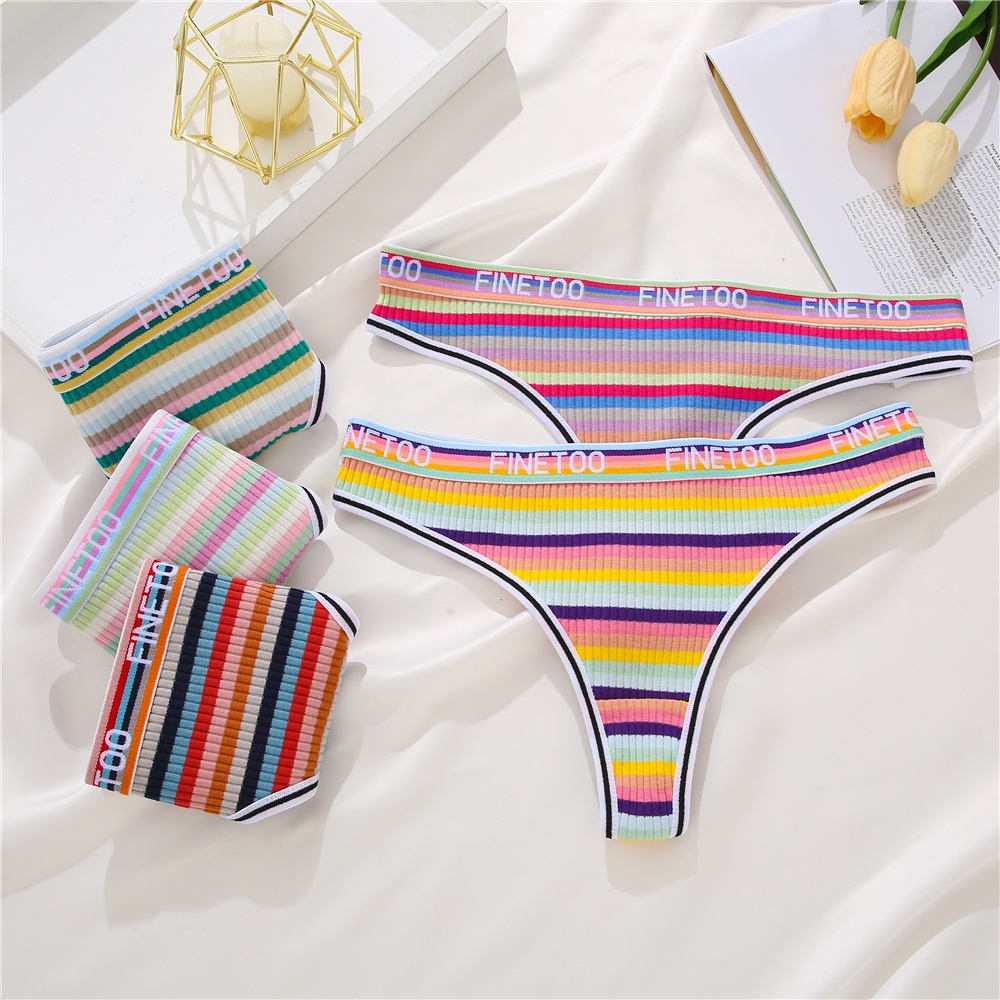 FINETOO 3pcs/set Colorful Striped Cotton Women G-string Underwear ...