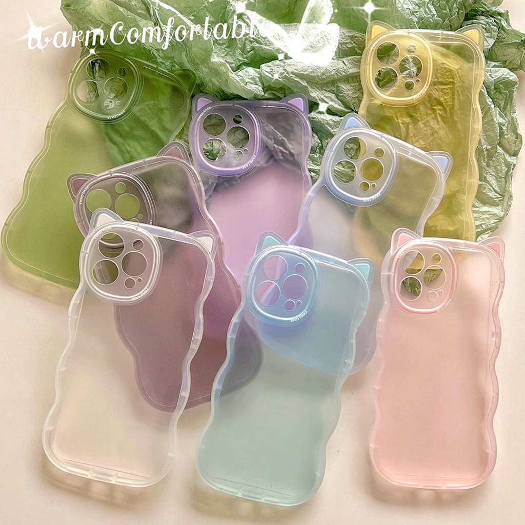 For iPhone 11 13 12 Pro Max Ins Cartoon Cat Ear Design Wave Frame Clear TPU Soft Phone Case Anti-scratch Fall Proof Protective Cover for XR