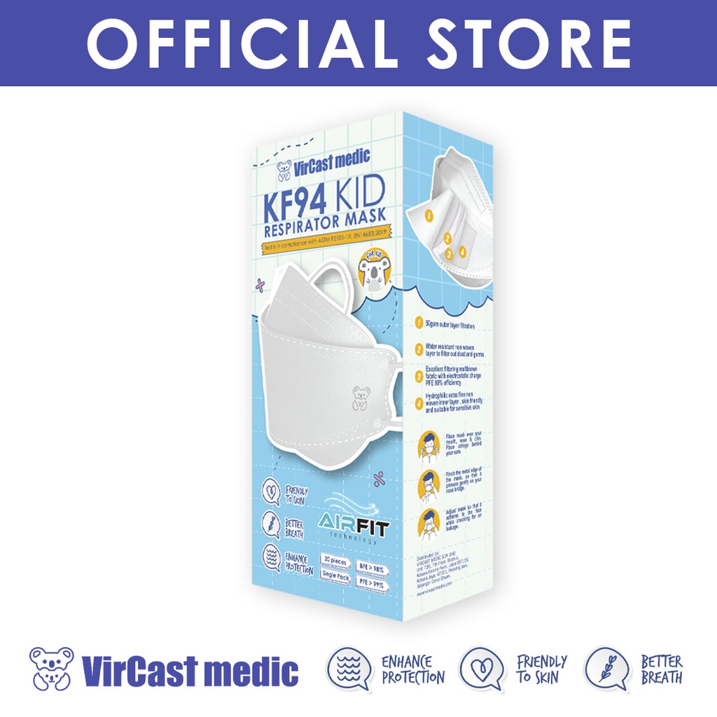 Vircast Medic Protective 4 Ply KF94 Kids White Colour Mask ( 20pcs/box ...