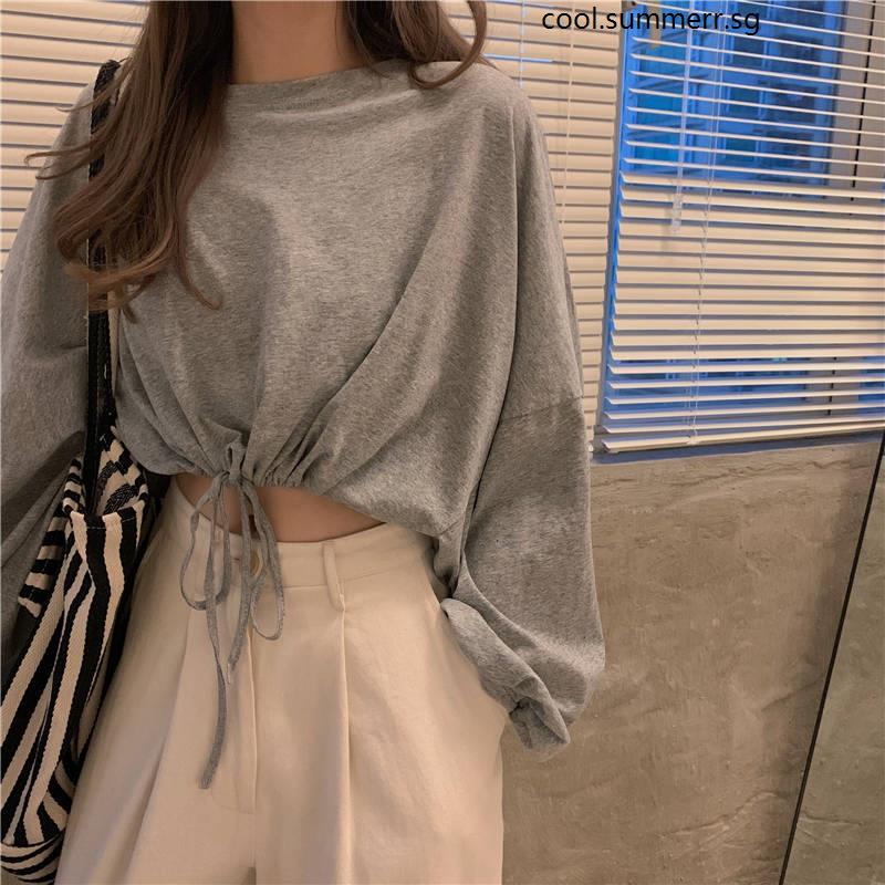 NEW Crop top Spring Korean style loose high waist short long sleeve white top women's T-shirt student fashion ins navel autumn clothing outer wear fashion