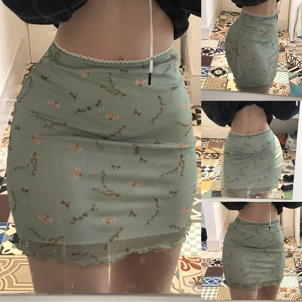 Women's Mesh Lace Trim Long Skirts Inner Shorts See-through High Slit Skirt  