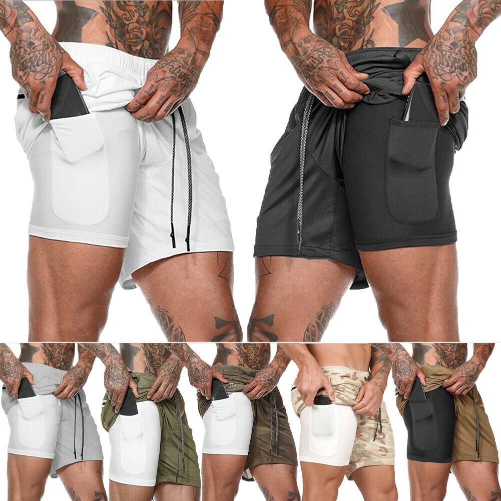 Mens 2 in 1 Fitness Running Shorts Men Sports Shorts Camouflage Quick Drying Training Gym Joggers Sport Short Pants