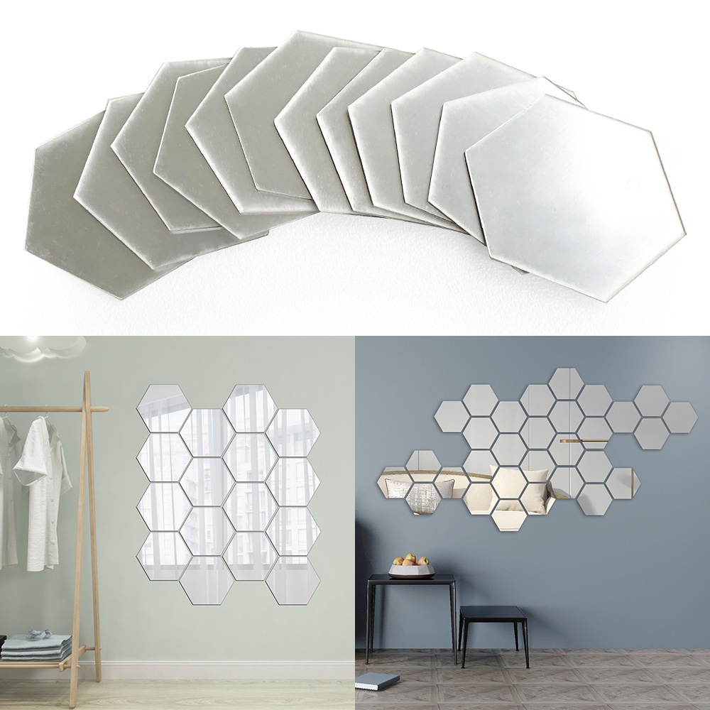 12PCS Hexagon Acrylic Mirror Wall Sticker Tiles Sheet Decorative