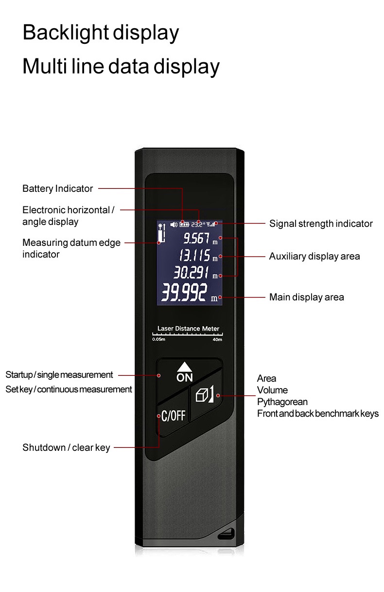 SMARTECK Laser Distance Meter Digital 40M Rangefinder Measure Tape ...