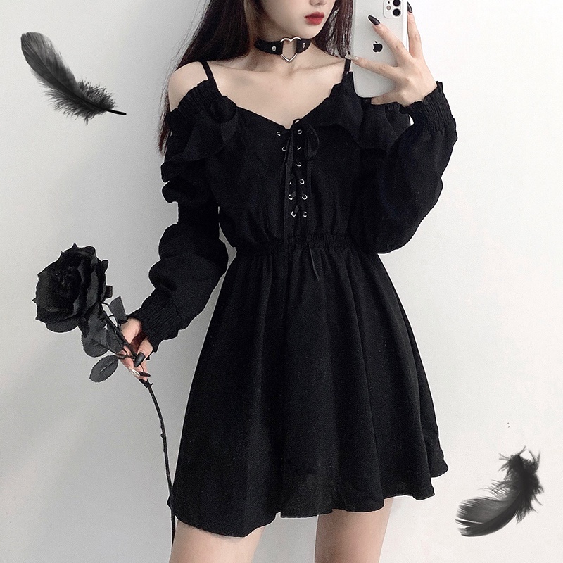 Ladies High Waist Sexy Dress Off Shoulder Long Sleeve Gothic Style